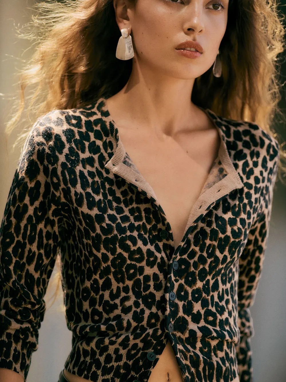 Reformation Bernadette Crew Cardigan Leopard Wool